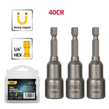 DELI σετ καρυδάκια DL4810T για δραπανοκατσάβιδο, μαγνητικά, 12mm, εξάγωνα, 3τμχ - Image 3